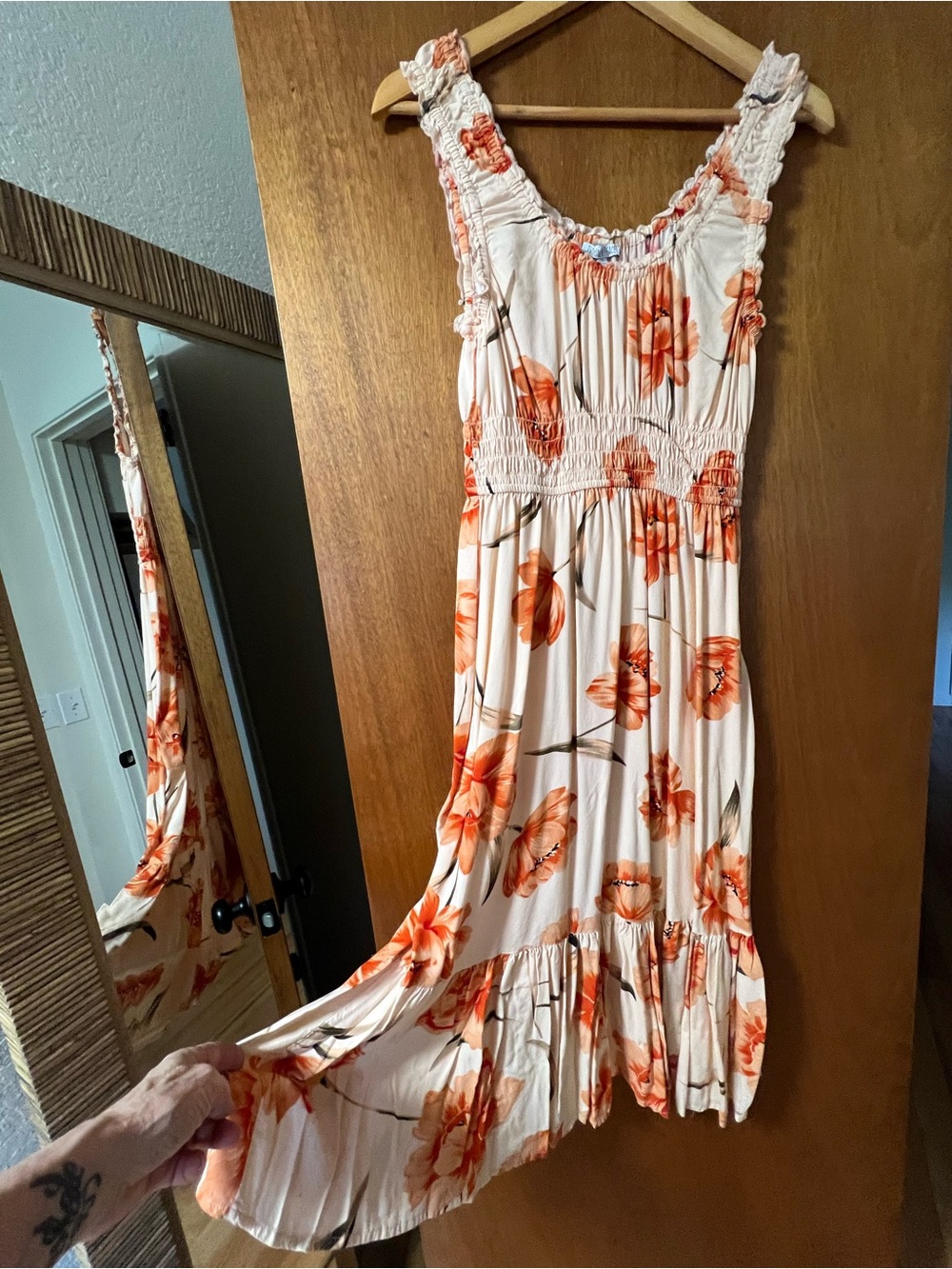 Patrons of Peace Cream Midi Dress with Orange Floral Print